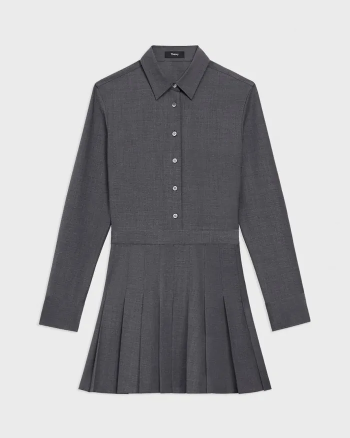 Dresses Women Theory Pleated Mini Shirt Dress In Stretch WoolBlend Charcoal Melange Dresses Women Theory Pleated Mini Shirt Dress In Stretch WoolBlend Charcoal Melange