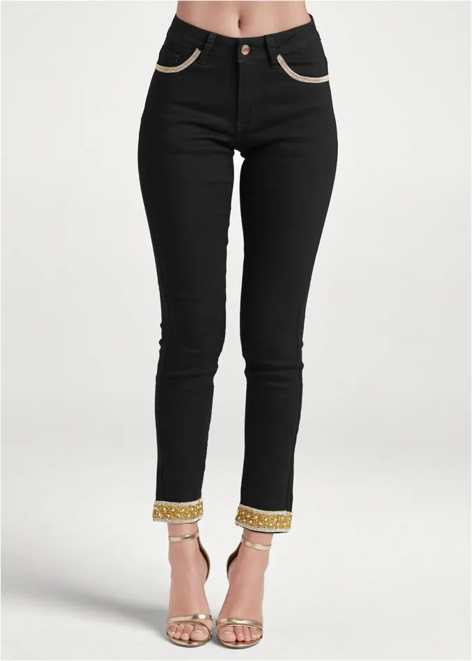 EMBELLISHED CROPPED JEANS Black Denim Women VENUS Novelty Jeans