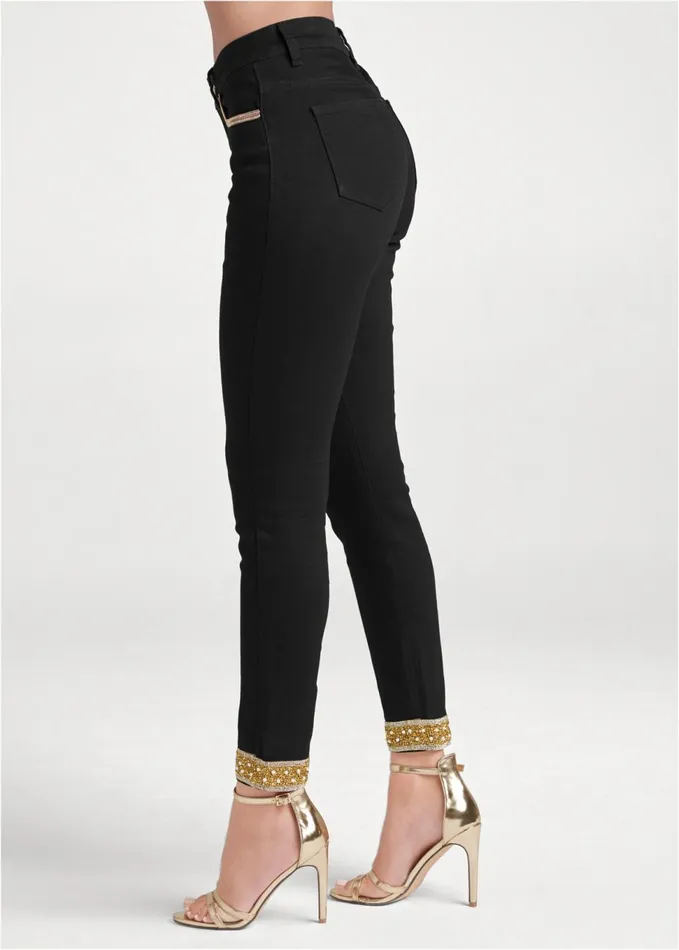 EMBELLISHED CROPPED JEANS Black Denim Women VENUS Novelty Jeans
