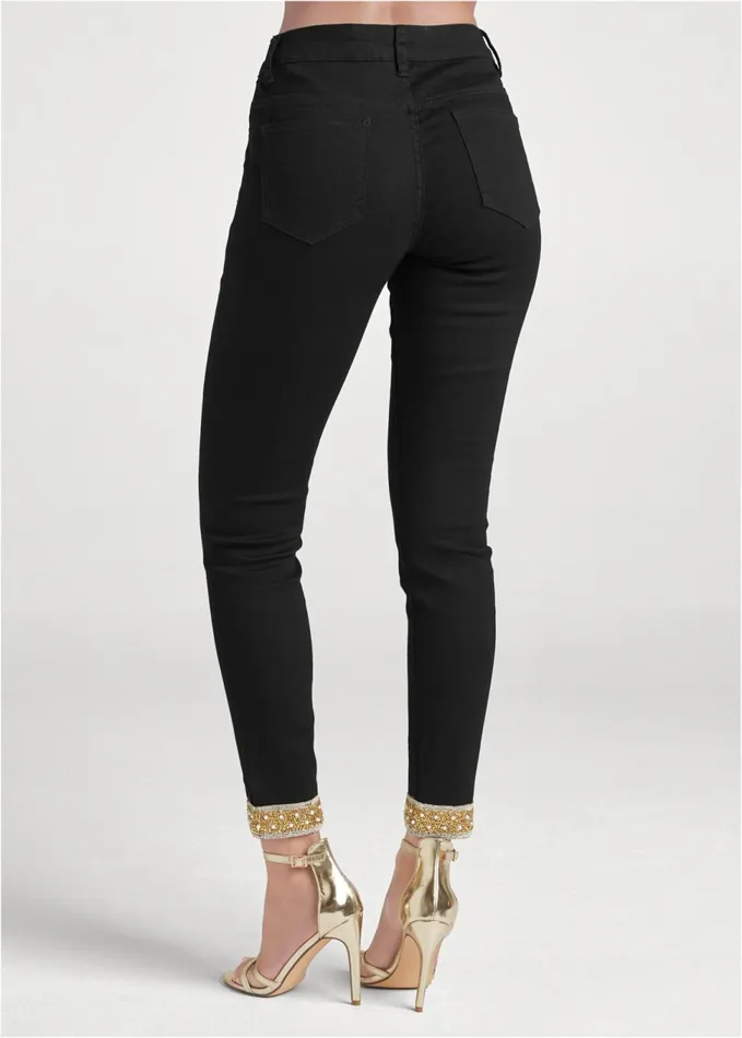 EMBELLISHED CROPPED JEANS Black Denim Women VENUS Novelty Jeans