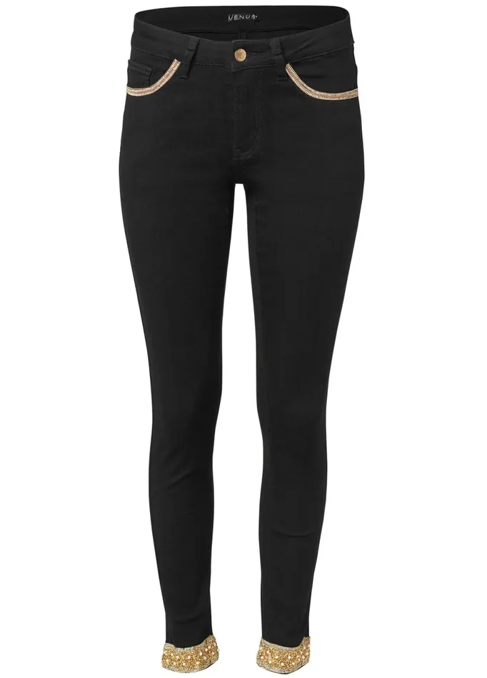 EMBELLISHED CROPPED JEANS Black Denim Women VENUS Novelty Jeans
