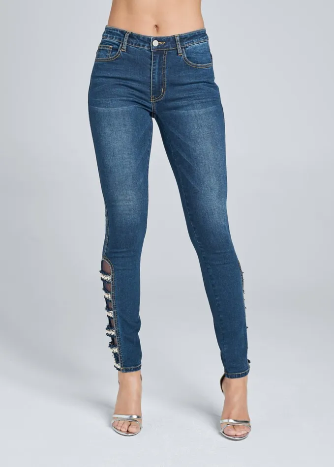 LATTICE DETAIL SKINNY JEANS Dark Wash Women VENUS Novelty Jeans