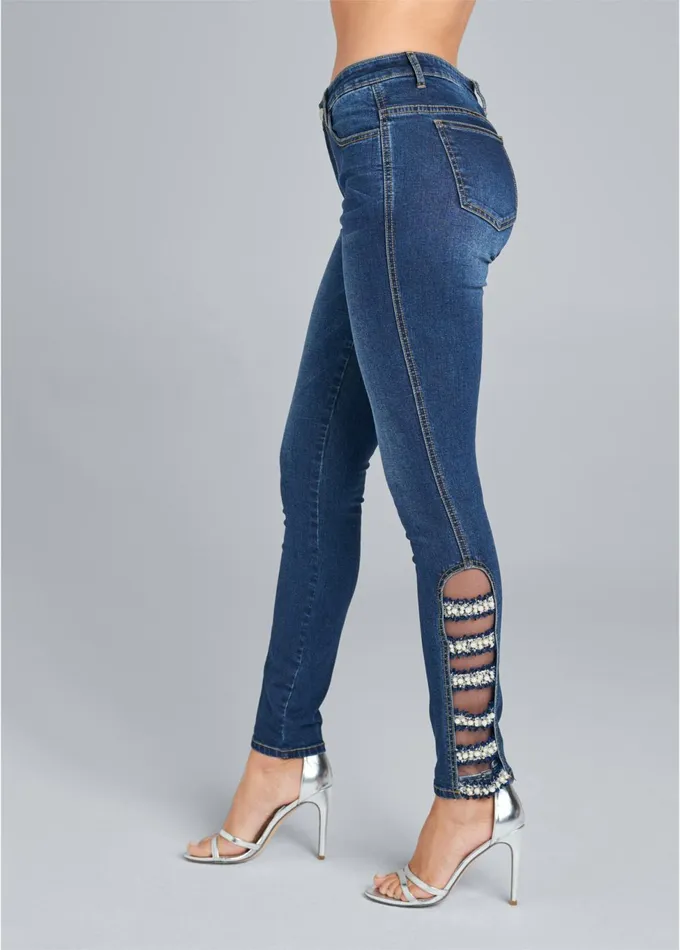LATTICE DETAIL SKINNY JEANS Dark Wash Women VENUS Novelty Jeans