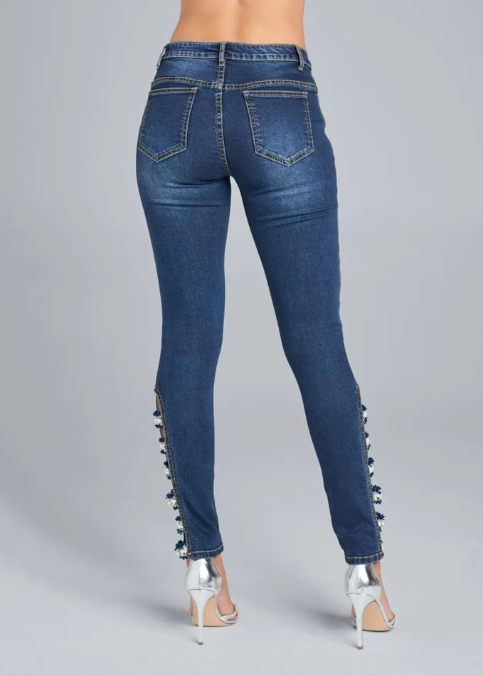 LATTICE DETAIL SKINNY JEANS Dark Wash Women VENUS Novelty Jeans