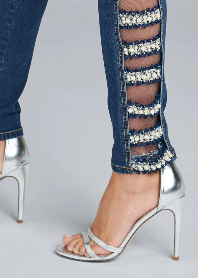 LATTICE DETAIL SKINNY JEANS Dark Wash Women VENUS Novelty Jeans