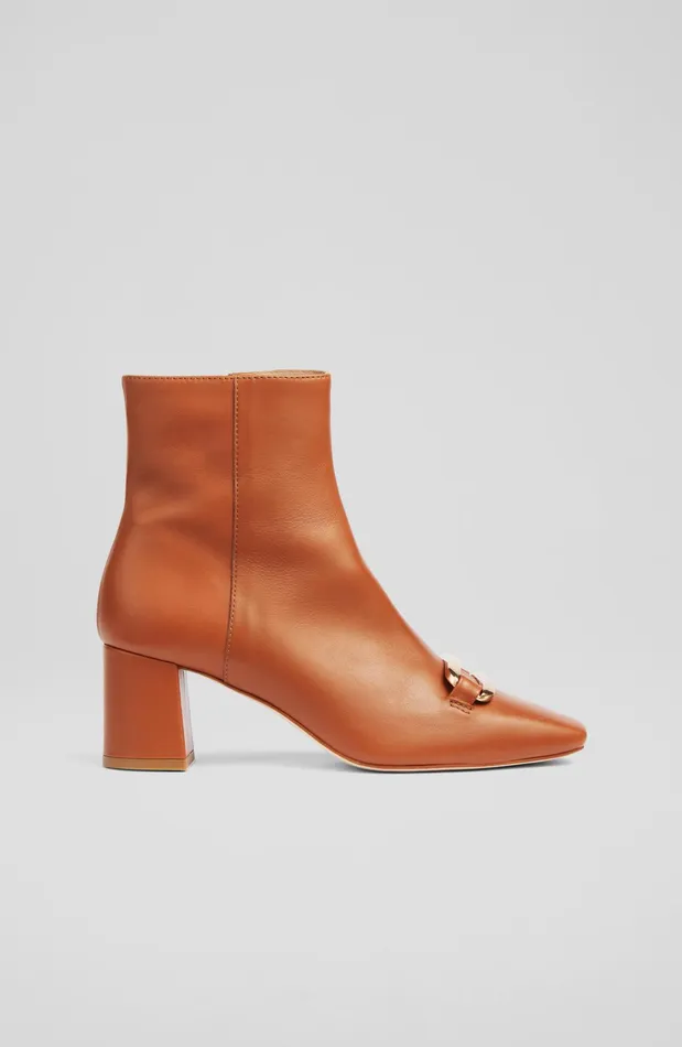 LK Bennett Novella Tan Leather Gold Bar Ankle Boots Women Boots