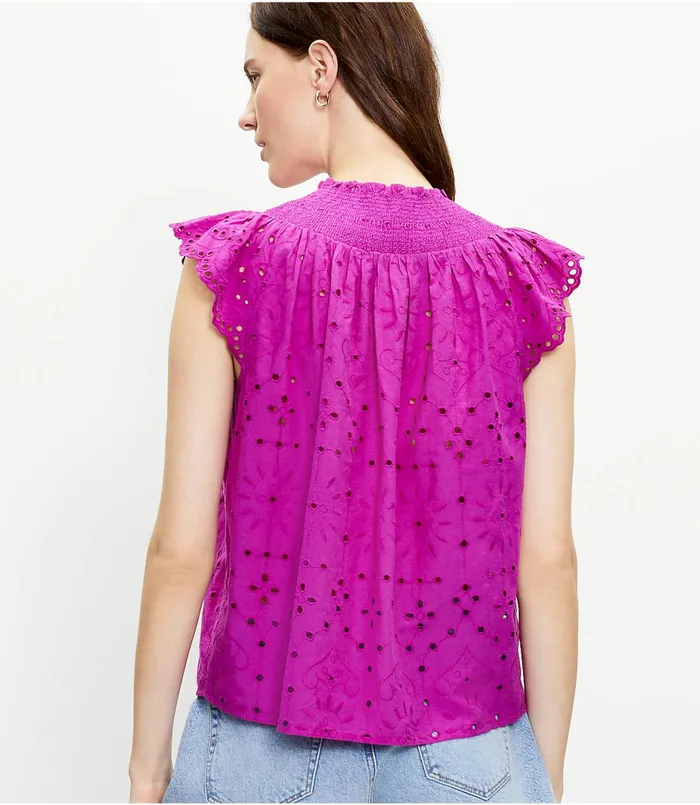 LOFT Eyelet Smocked Neck Shell Deep Magenta Women Tops