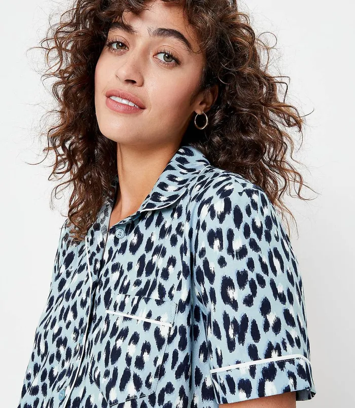 LOFT Leopard Print Pajama Top Blue Seaglass Women Sleepwear