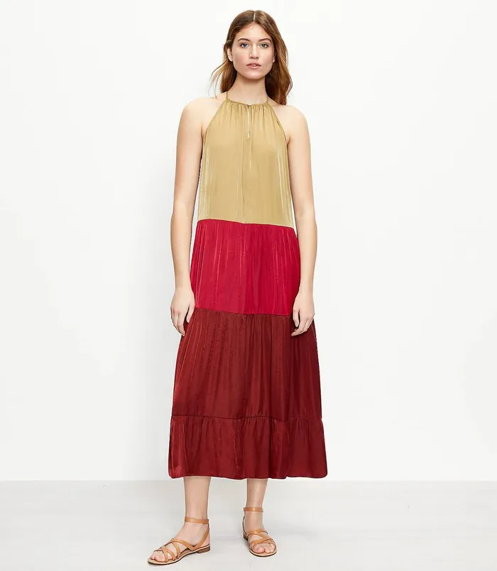 LOFT LOFT Beach Colorblock Tiered Halter Midi Dress Henna Red Women Midi and Maxi