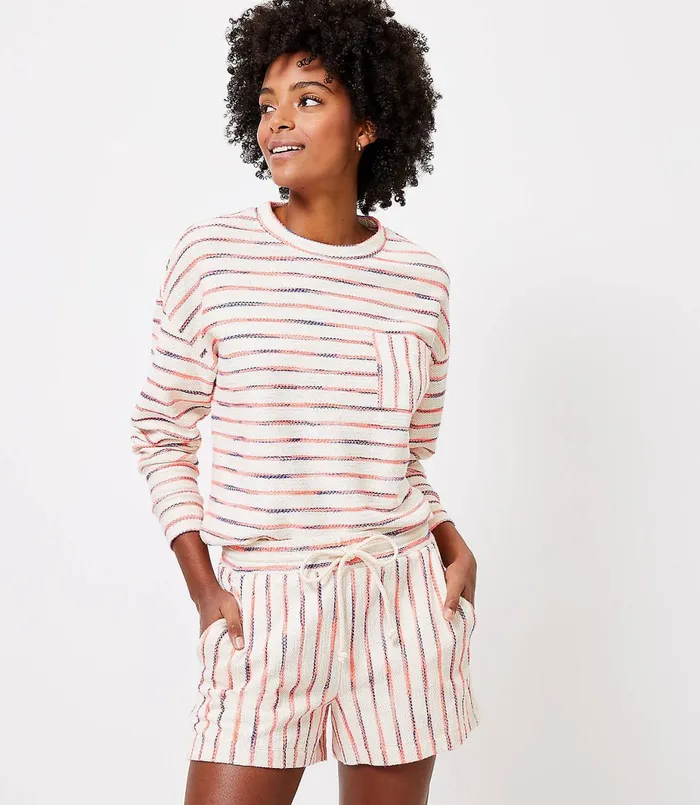 LOFT Lou and Grey Neon Striped Terry Pocket Top Shocking Coral Women Tops