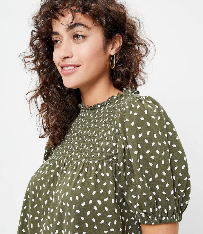 LOFT Petite Brushstroke Smocked Puff Shoulder Tee Wild Vine Women Petite Tees