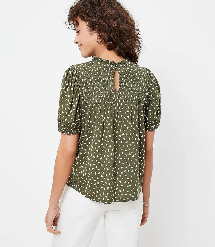 LOFT Petite Brushstroke Smocked Puff Shoulder Tee Wild Vine Women Petite Tees