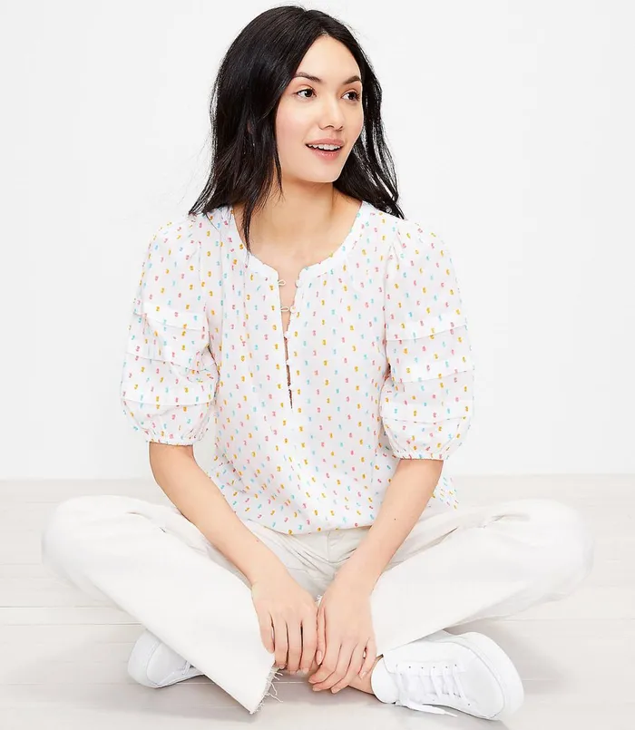 LOFT Petite Clip Pintucked Puff Sleeve Top White Women Petite Tops