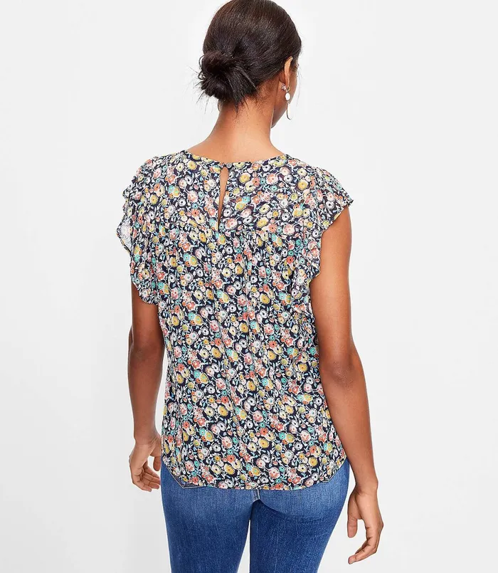 LOFT Petite Floral Smocked Flutter Sleeve Shell Forever Navy Women Petite Tops