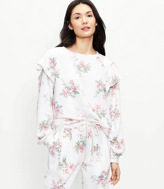 LOFT Petite Lou and Grey Bouquet Ruffle Terry Sweatshirt Whisper White Women Petite Tops LOFT Petite Lou and Grey Bouquet Ruffle Terry Sweatshirt Whisper White Women Petite Tops