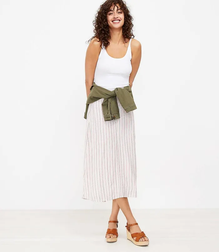 LOFT Striped HiLo Midi Skirt Red Stripe Women Skirts