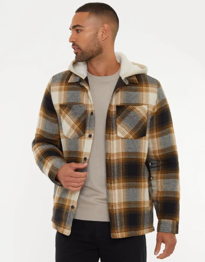 Men Camel Check Shacket With BorgLined Hood Threadbare Shirts