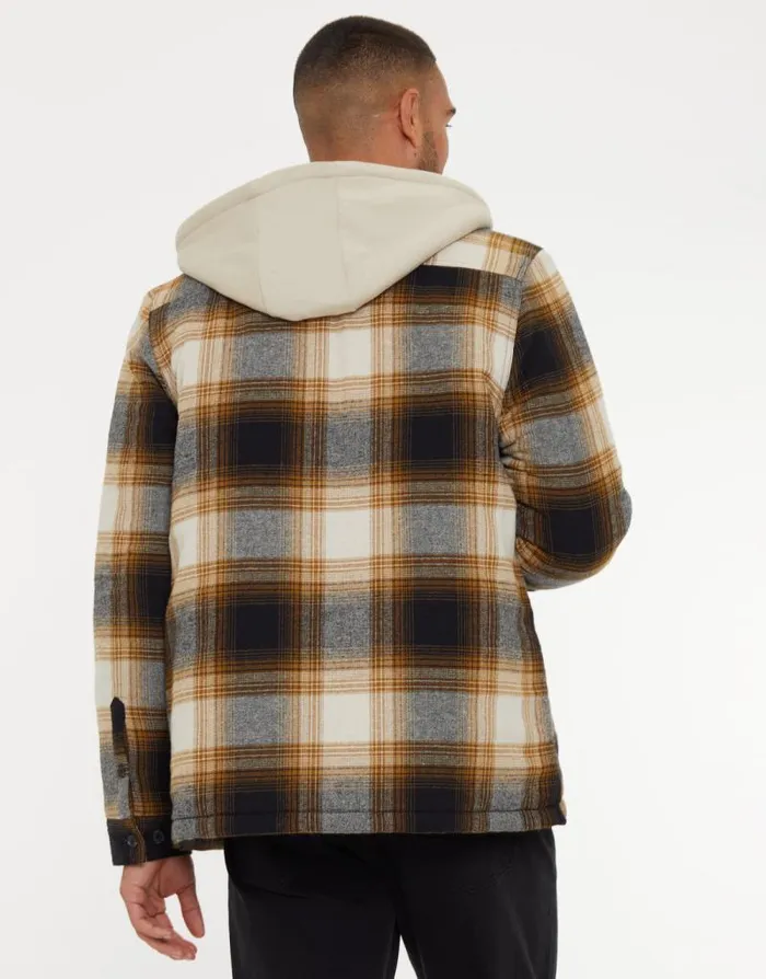 Men Camel Check Shacket With BorgLined Hood Threadbare Shirts