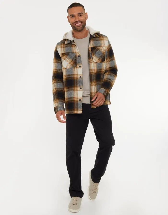 Men Camel Check Shacket With BorgLined Hood Threadbare Shirts