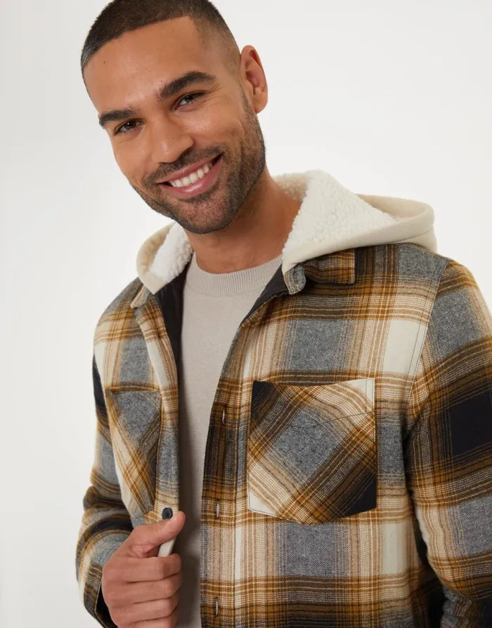 Men Camel Check Shacket With BorgLined Hood Threadbare Shirts