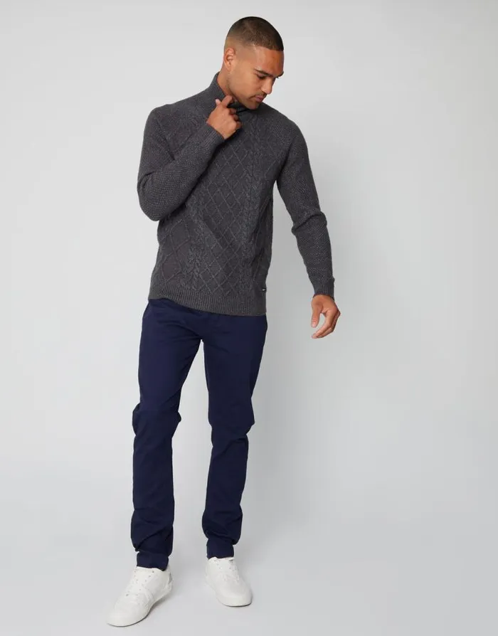 Men Charcoal Cable Knit Turtle Neck Jumper Threadbare Jumpers Men Charcoal Cable Knit Turtle Neck Jumper Threadbare Jumpers