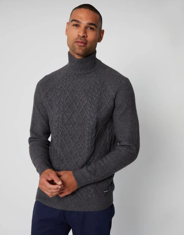 Men Charcoal Cable Knit Turtle Neck Jumper Threadbare Jumpers Men Charcoal Cable Knit Turtle Neck Jumper Threadbare Jumpers