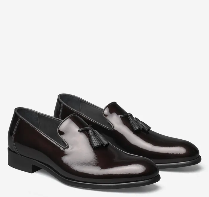 Men Highland Tassel SlipOn Loafer Burgundy Italian Textured Patent JohnstonandMurphy Formal Shoes