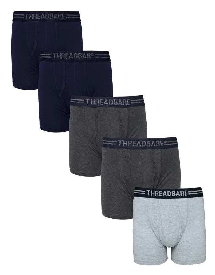 Men Navy and Grey Mix AFront Trunks 5 Pack Threadbare Underwear