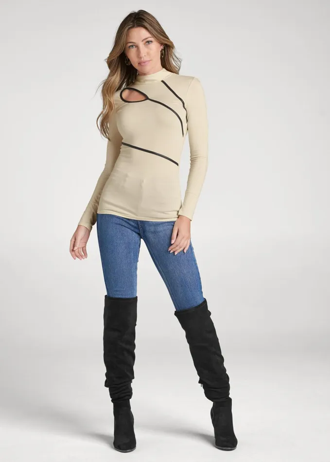Mockneck Top Beige and Black Women VENUS Casual Tops