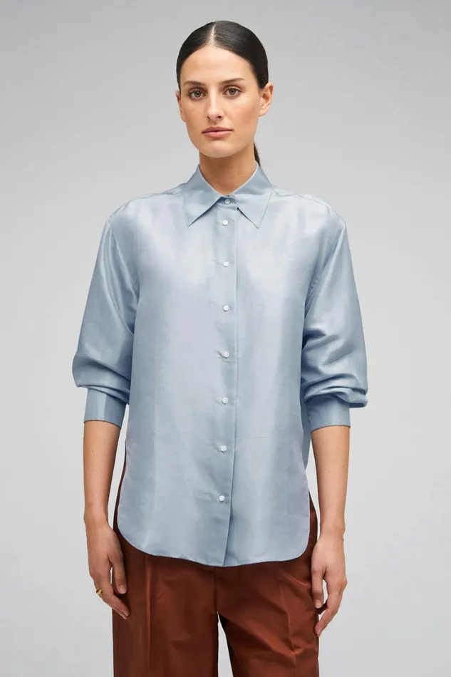 Oroton Ls Silk Shirt Denim Blue Women Tops Oroton Ls Silk Shirt Denim Blue Women Tops