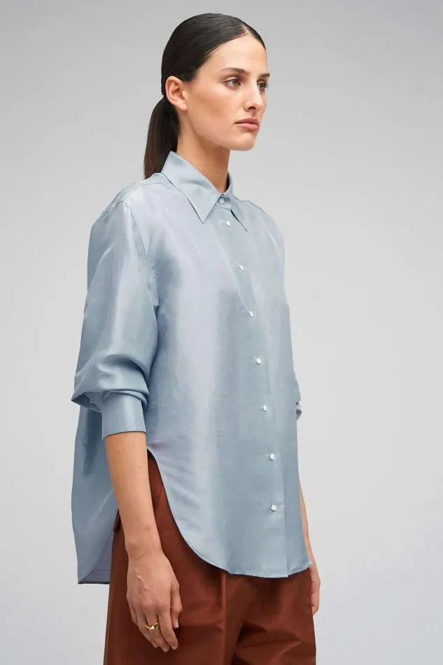 Oroton Ls Silk Shirt Denim Blue Women Tops Oroton Ls Silk Shirt Denim Blue Women Tops