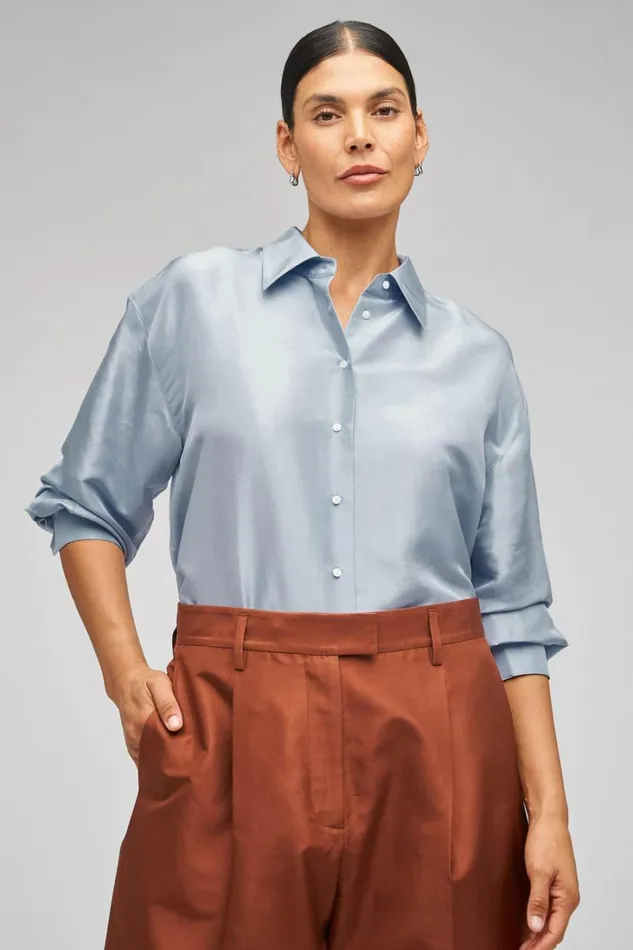 Oroton Ls Silk Shirt Denim Blue Women Tops Oroton Ls Silk Shirt Denim Blue Women Tops
