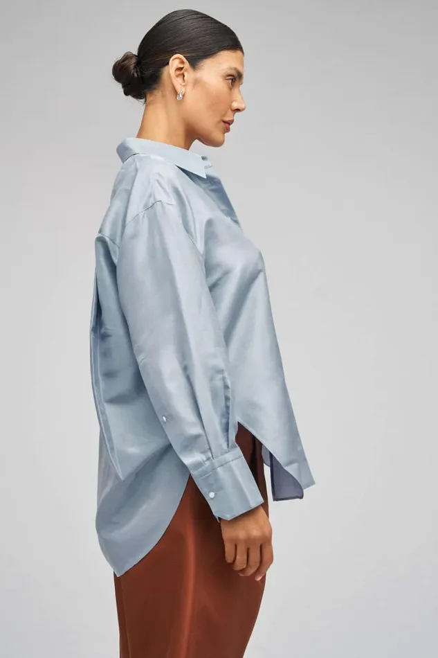 Oroton Ls Silk Shirt Denim Blue Women Tops Oroton Ls Silk Shirt Denim Blue Women Tops