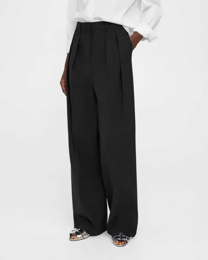 Pants Women Theory Pleated WideLeg Pant In Stretch Wool Black Pants Women Theory Pleated WideLeg Pant In Stretch Wool Black