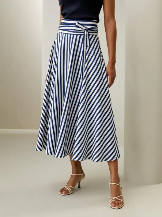 Pinstriped Silk Skirt With Waist Tie Classic And Elegant Women Lilysilk Bottoms