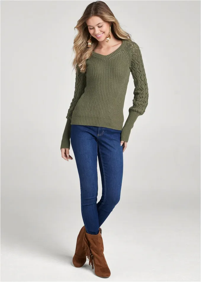 POINTELLE SLEEVE SWEATER Olive Women VENUS Pullover POINTELLE SLEEVE SWEATER Olive Women VENUS Pullover