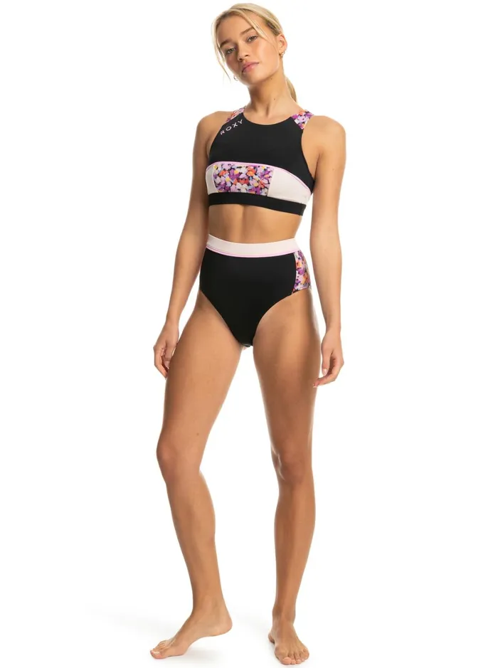 Roxy Active Swimsuits Roxy Active Crop Bikini Top Anthracite Swim Blooms 8211 Women
