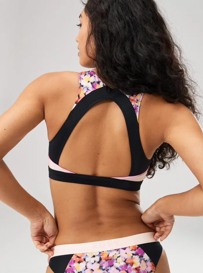 Roxy Active Swimsuits Roxy Active Crop Bikini Top Anthracite Swim Blooms 8211 Women