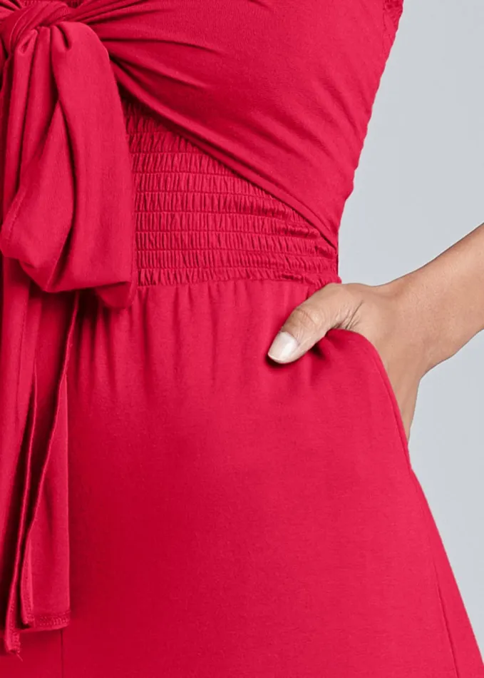 SMOCKED TIE FRONT JUMPSUIT Red Women VENUS Casual Jumpsuits and Rompers