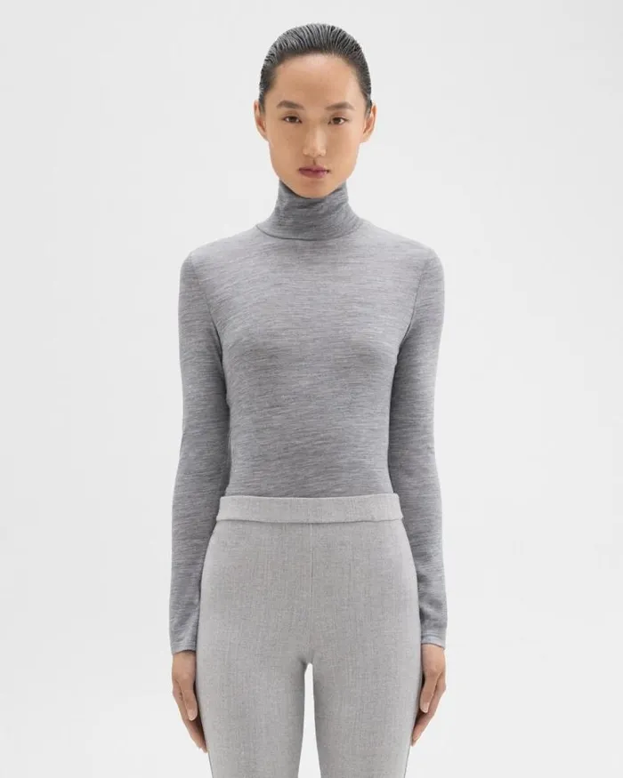 TShirts Tank Tops Women Theory Turtleneck Tee In Mlange Wool Jersey Grey Melange