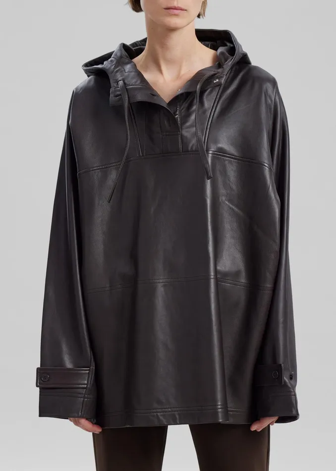 The Frankie Shop Tops Kevin Leather Hooded Overshirt 8211 Brown 8211 Women