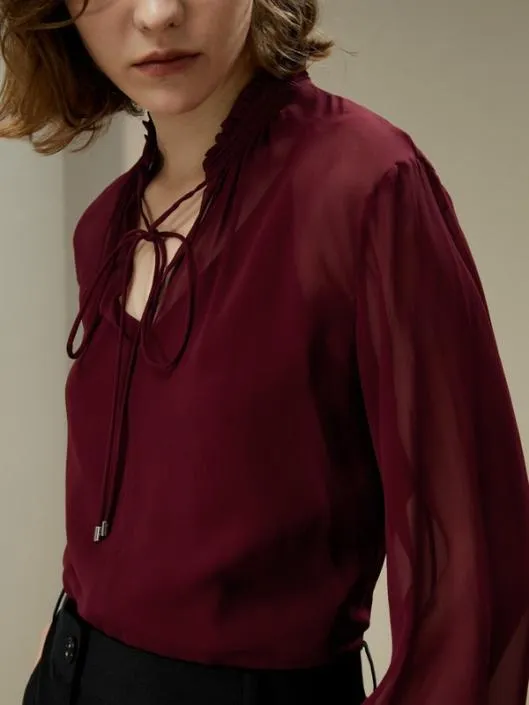 Tie Front Drawstring Georgette Blouse Women Blouses Lilysilk Shirts