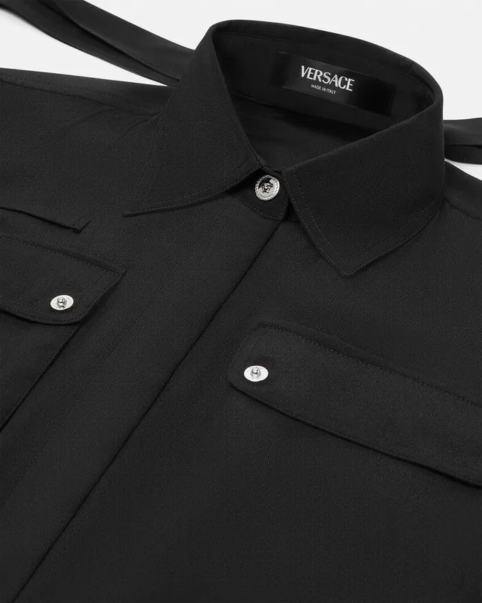 Versace Cargo Lavallire Silk Mini Shirt Dress Black Women Dresses