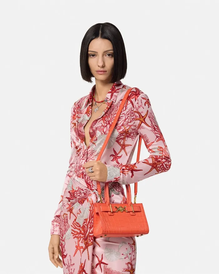 Versace CrocEffect Medusa 03995 Small Tote Bag Coral Women Totes
