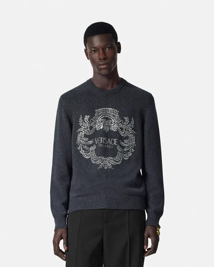 Versace Crystal Iconic Crest Cashmere Knit Sweater Gray Men Knitwear