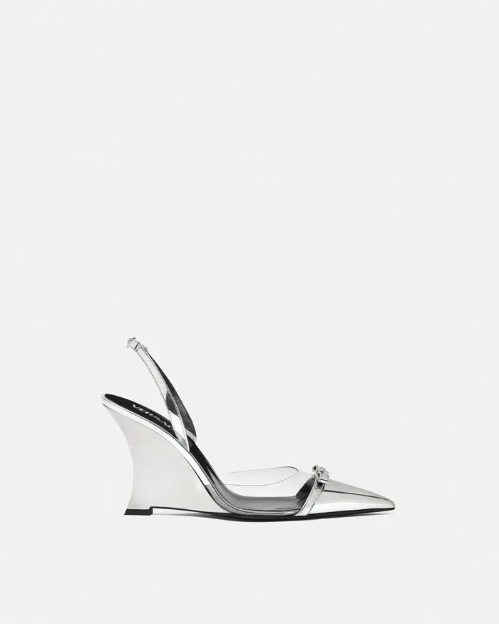 Versace Gianni Ribbon Metallic Wedge Pumps 95 Mm Silver Women Pumps and Slingbacks