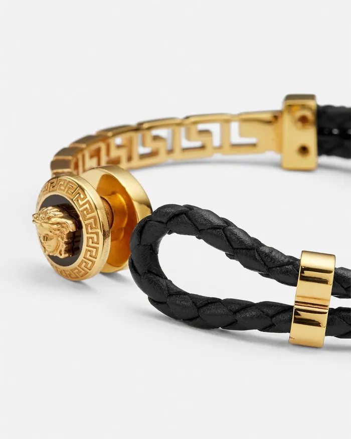 Versace Greca Braided Leather Bracelet Blackgold WomenMen Bracelets