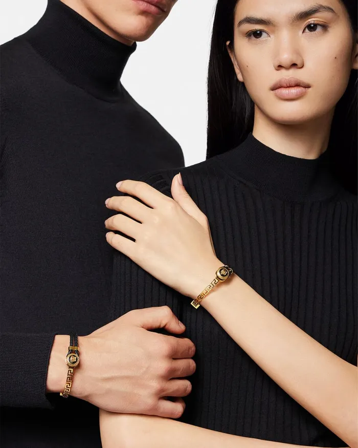 Versace Greca Braided Leather Bracelet Blackgold WomenMen Bracelets