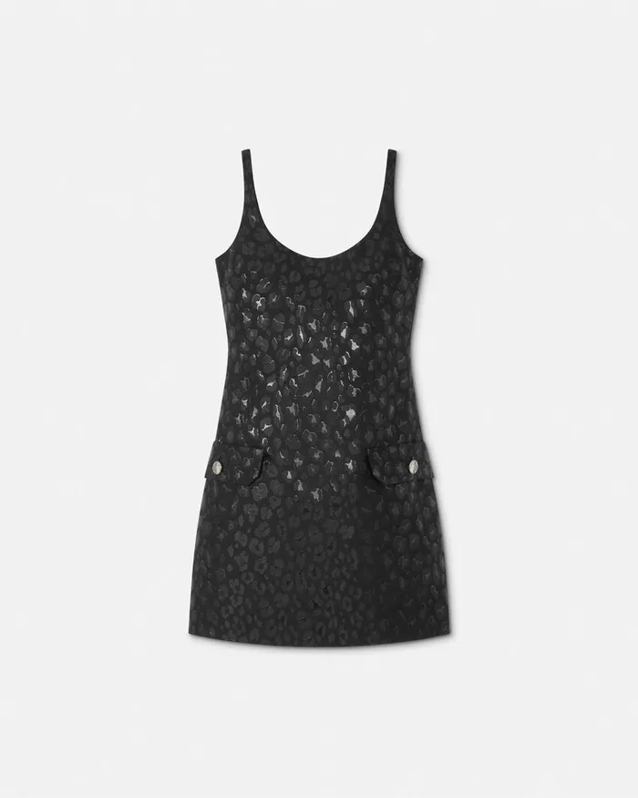 Versace Leopard Jacquard Scoop Mini Dress Black Women Dresses