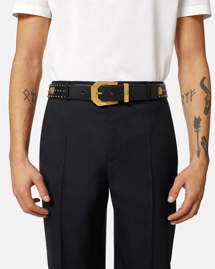 Versace Medusa Heritage Studded Leather Belt 4 Cm Blackgold Men Belts